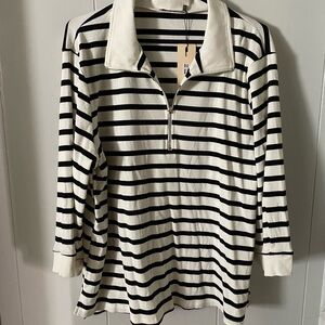 ViVI Black & White Striped Zip Polo Long Sleeve Top